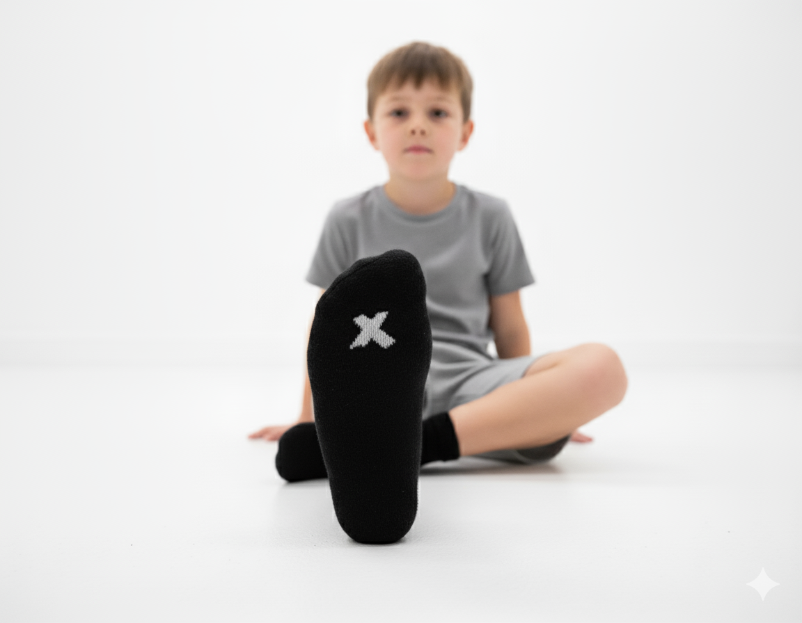Child wearing black socks with white 'X' symbols on a white background