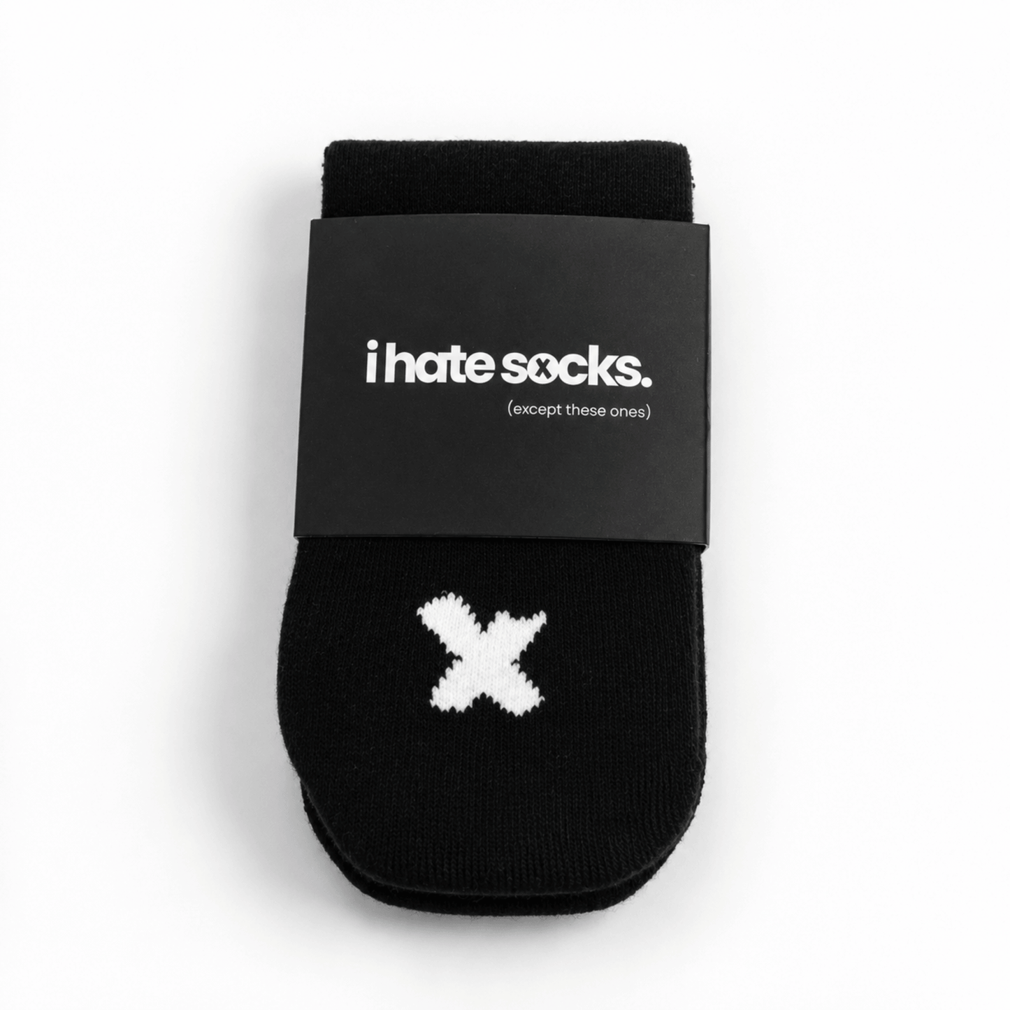 Black I Hate Socks kids’ seamless-feel bamboo sock with white X detail