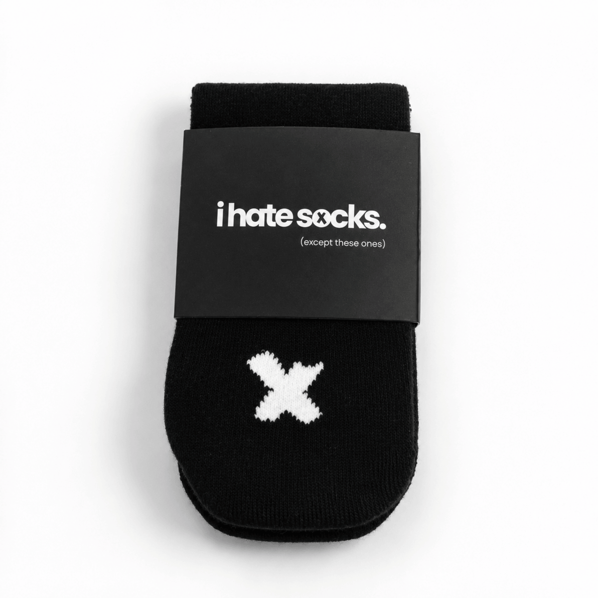Black I Hate Socks kids’ seamless-feel bamboo sock with white X detail