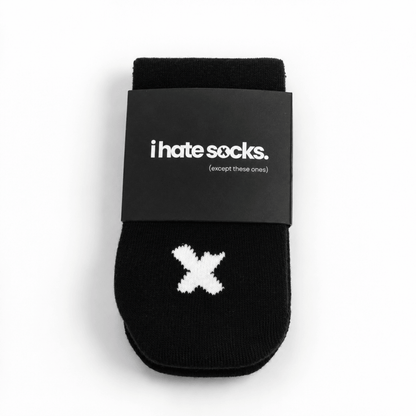 Black I Hate Socks kids’ seamless-feel bamboo sock with white X detail
