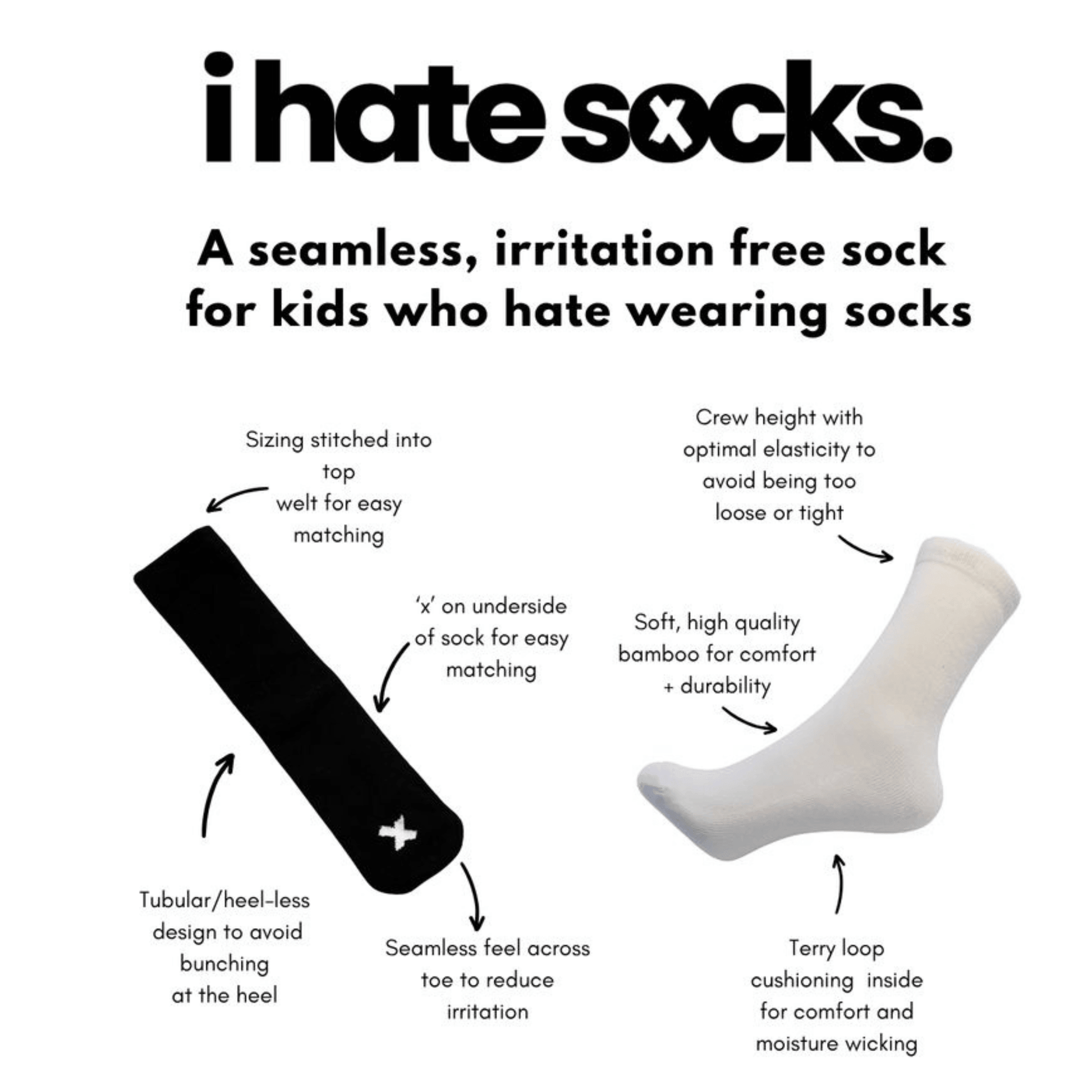 Seamless-feel, heel-free and cushioned features of I Hate Socks kids’ bamboo socks