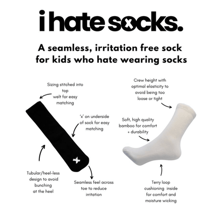 Seamless-feel, heel-free and cushioned features of I Hate Socks kids’ bamboo socks