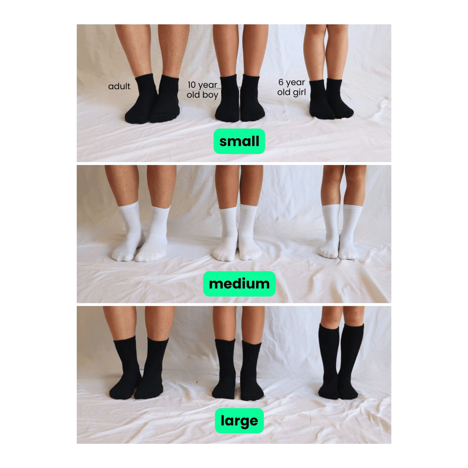 I Hate Socks size guide for Small, Medium and Large kids’ socks (also fits adults)