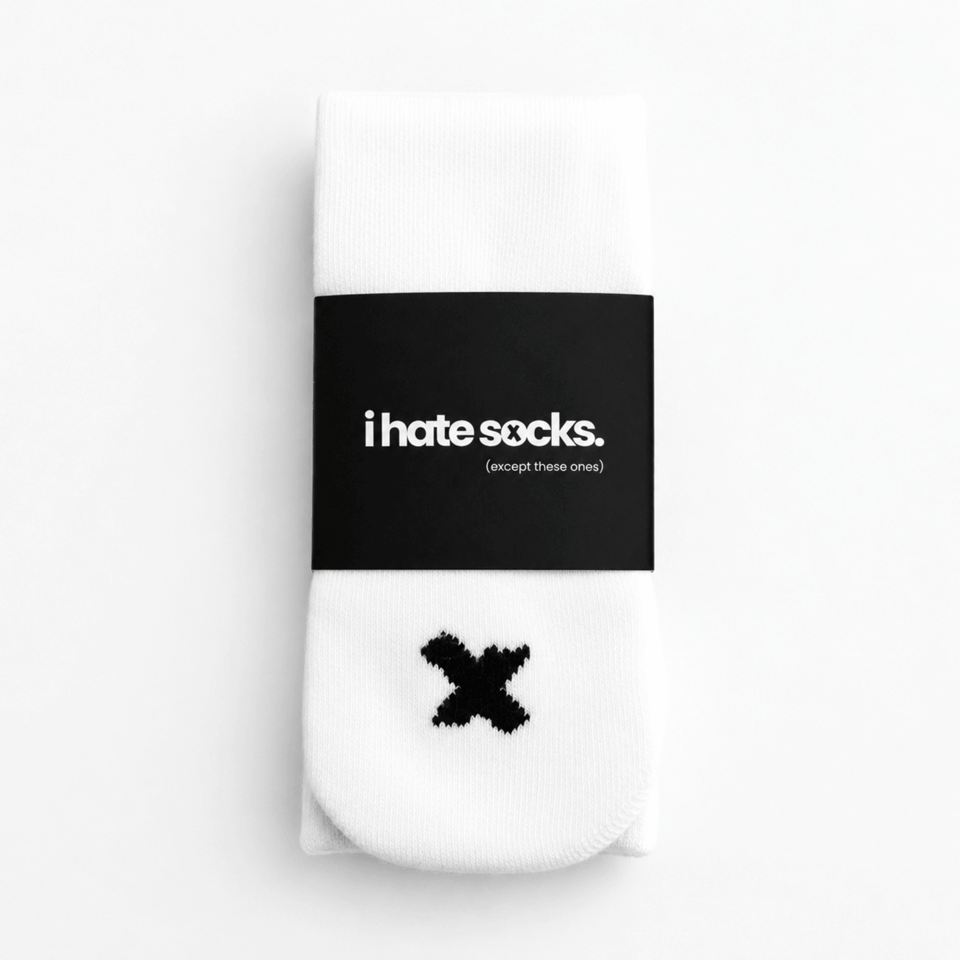 White I Hate Socks kids’ seamless-feel bamboo sock with black X detail