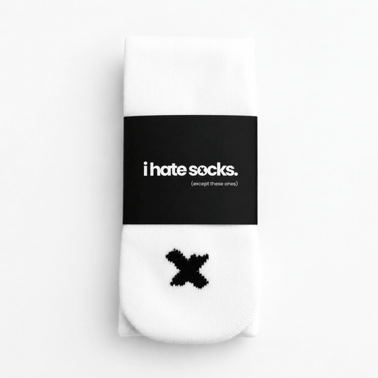 White I Hate Socks kids’ seamless-feel bamboo sock with black X detail